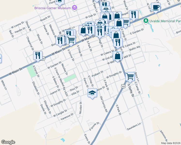 map of restaurants, bars, coffee shops, grocery stores, and more near 313 West Mill Street in Uvalde