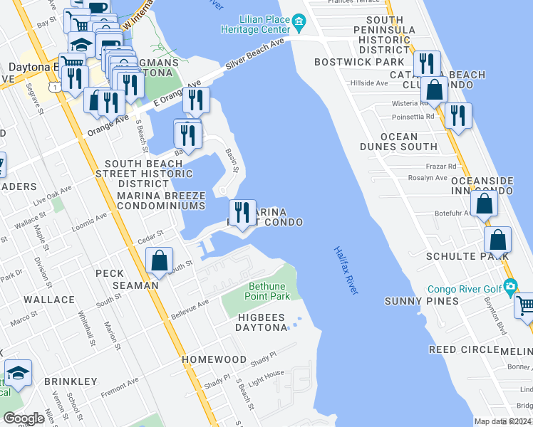 map of restaurants, bars, coffee shops, grocery stores, and more near 652 Marina Point Drive in Daytona Beach