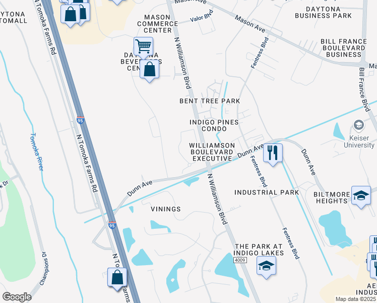 map of restaurants, bars, coffee shops, grocery stores, and more near 132 Carolina Lake Drive in Daytona Beach