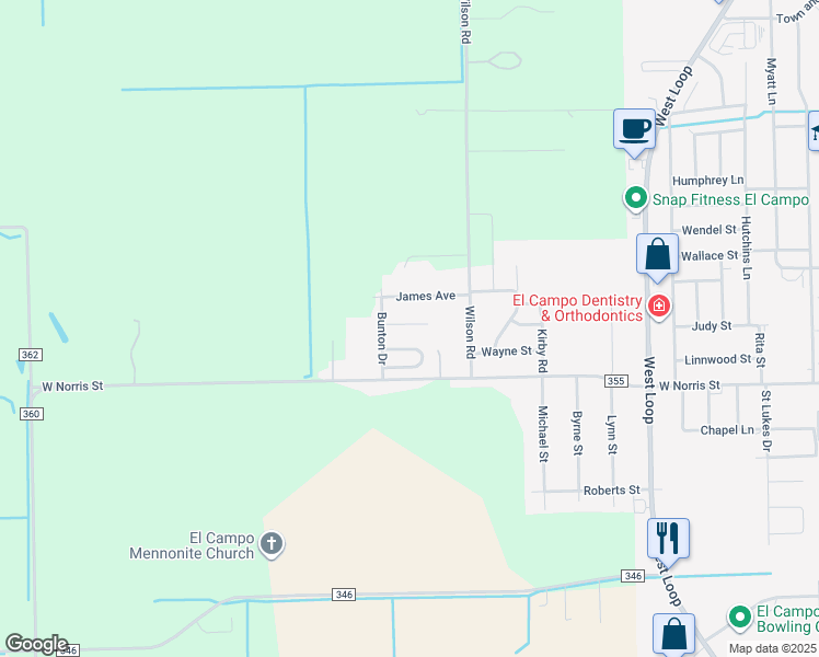 map of restaurants, bars, coffee shops, grocery stores, and more near 65 Wanda Lane in El Campo