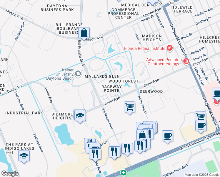 map of restaurants, bars, coffee shops, grocery stores, and more near 101 Raceway Pointe Drive in Daytona Beach