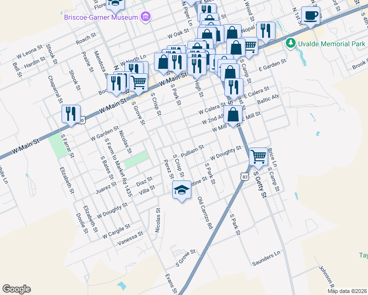map of restaurants, bars, coffee shops, grocery stores, and more near 313 West Mill Street in Uvalde