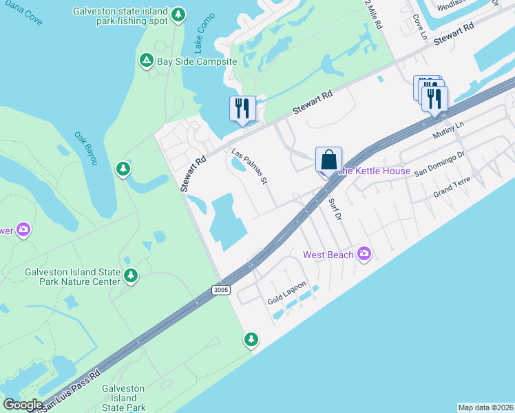 map of restaurants, bars, coffee shops, grocery stores, and more near 3918 El Lago Street in Galveston