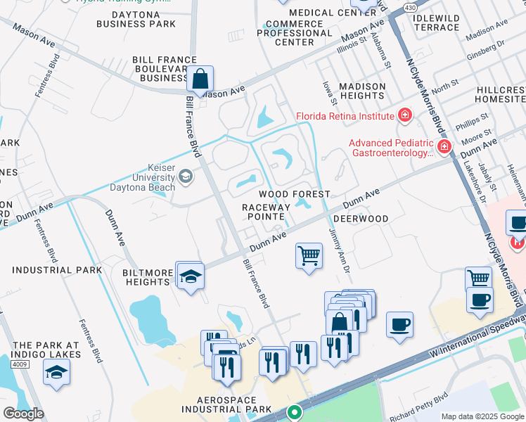 map of restaurants, bars, coffee shops, grocery stores, and more near 601 Bill France Boulevard in Daytona Beach