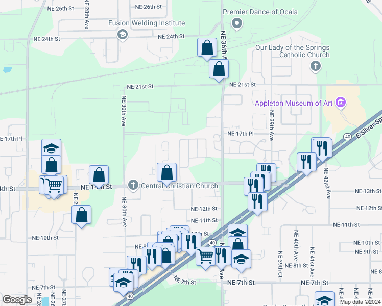 map of restaurants, bars, coffee shops, grocery stores, and more near 3323 Northeast 14th Street in Ocala