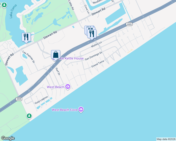 map of restaurants, bars, coffee shops, grocery stores, and more near 4203 Maison Rouge Court in Galveston