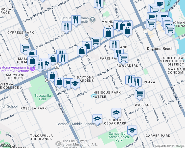 map of restaurants, bars, coffee shops, grocery stores, and more near 800 Orange Avenue in Daytona Beach
