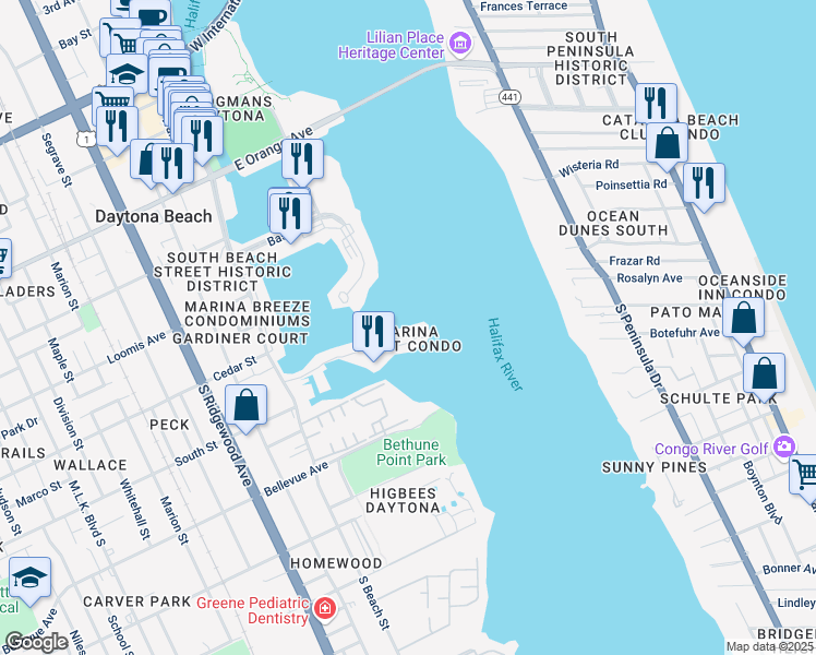 map of restaurants, bars, coffee shops, grocery stores, and more near 622 Marina Point Drive in Daytona Beach