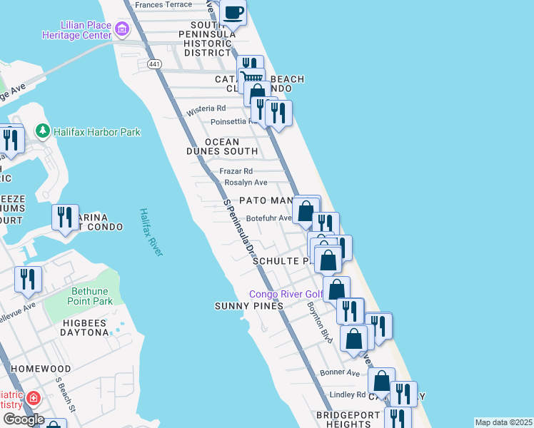 map of restaurants, bars, coffee shops, grocery stores, and more near 121 Botefuhr Avenue in Daytona Beach