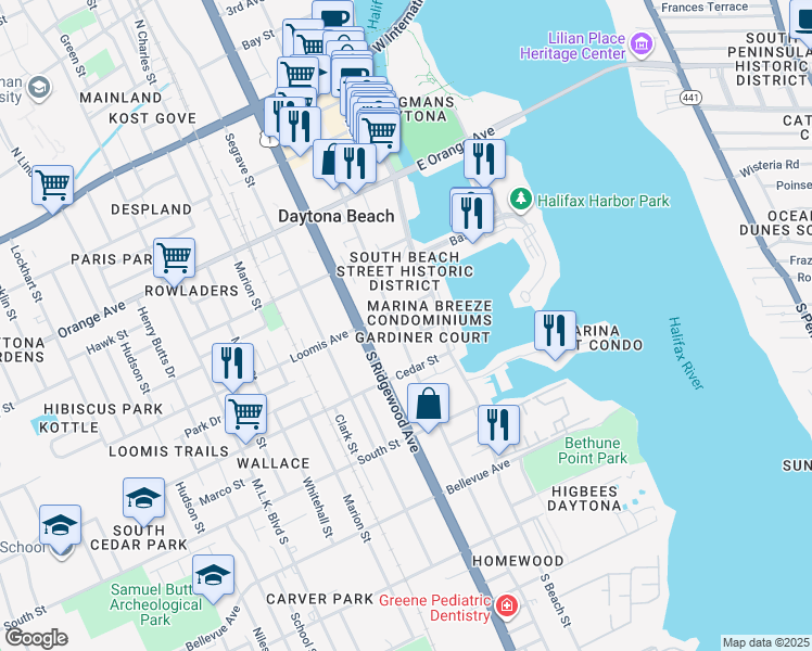 map of restaurants, bars, coffee shops, grocery stores, and more near 112 Gardiner Court in Daytona Beach