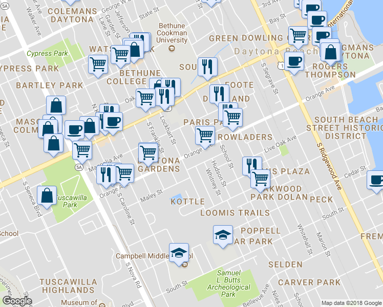 map of restaurants, bars, coffee shops, grocery stores, and more near 741 Orange Avenue in Daytona Beach