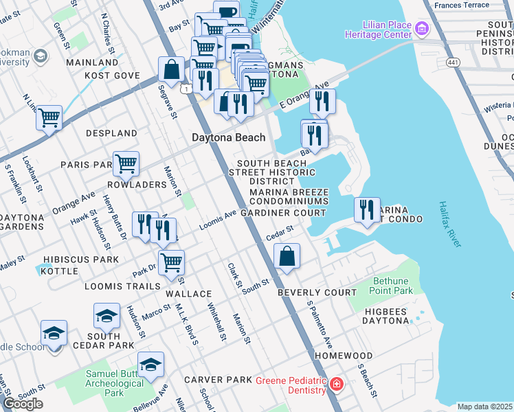 map of restaurants, bars, coffee shops, grocery stores, and more near 211 Loomis Avenue in Daytona Beach