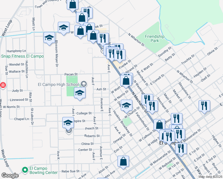 map of restaurants, bars, coffee shops, grocery stores, and more near 1005 Fahrenthold Street in El Campo