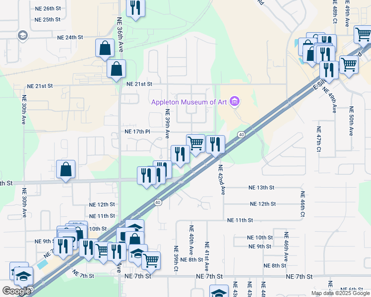 map of restaurants, bars, coffee shops, grocery stores, and more near 1637 Northeast 39th Avenue in Ocala