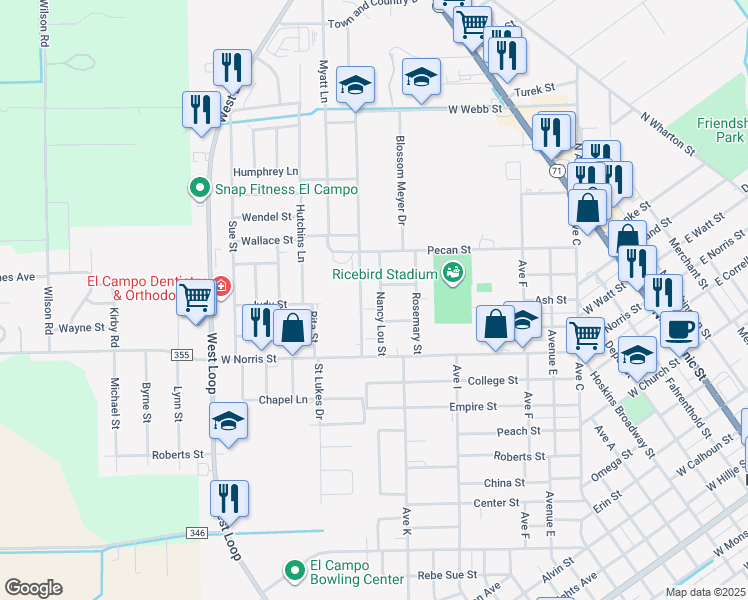map of restaurants, bars, coffee shops, grocery stores, and more near 805 Donald Street in El Campo