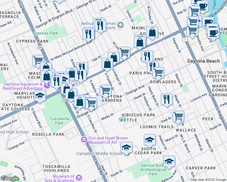map of restaurants, bars, coffee shops, grocery stores, and more near 226 South Franklin Street in Daytona Beach