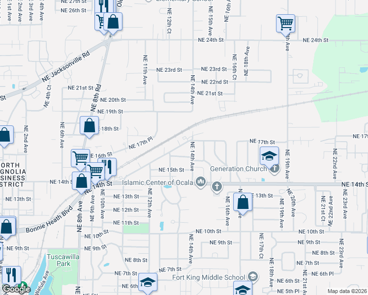 map of restaurants, bars, coffee shops, grocery stores, and more near 1342 Northeast 17th Road in Ocala