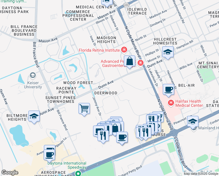 map of restaurants, bars, coffee shops, grocery stores, and more near 191 White Fawn Drive in Daytona Beach