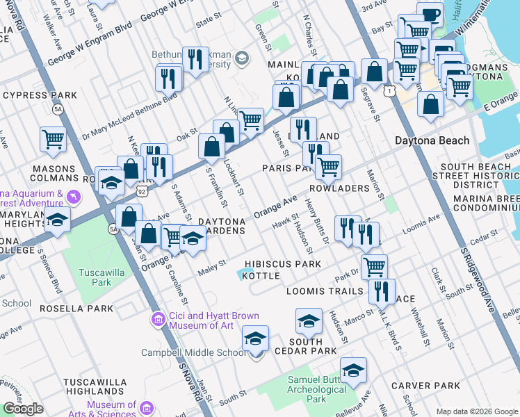 map of restaurants, bars, coffee shops, grocery stores, and more near 732 Orange Avenue in Daytona Beach