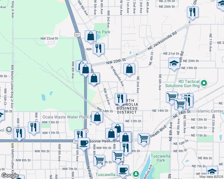 map of restaurants, bars, coffee shops, grocery stores, and more near 202 Northwest 17th Street in Ocala
