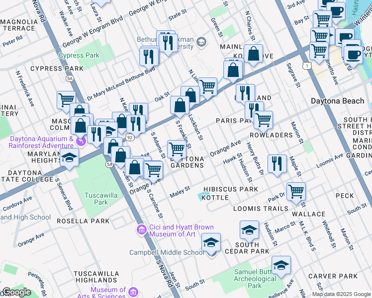 map of restaurants, bars, coffee shops, grocery stores, and more near 226 South Franklin Street in Daytona Beach