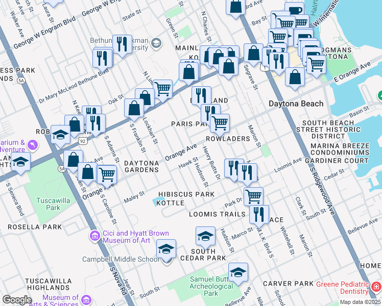 map of restaurants, bars, coffee shops, grocery stores, and more near 703 Orange Avenue in Daytona Beach