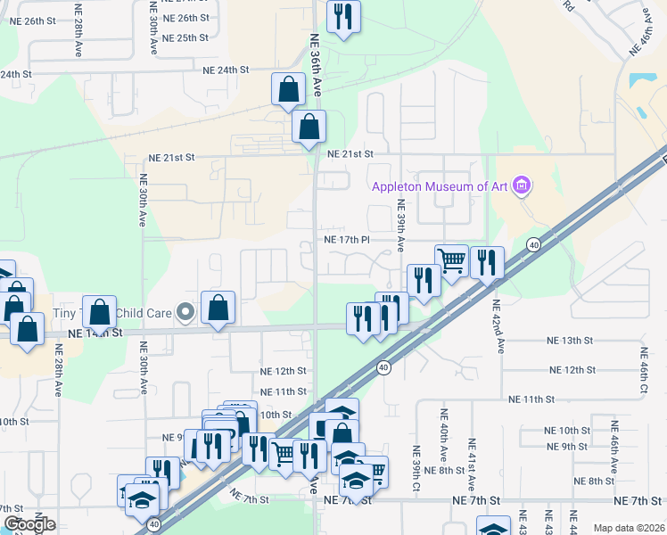 map of restaurants, bars, coffee shops, grocery stores, and more near 1601 Northeast 36th Court in Ocala