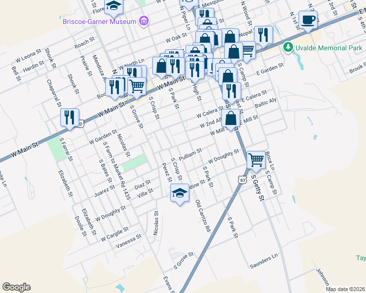 map of restaurants, bars, coffee shops, grocery stores, and more near 313 West Mill Street in Uvalde