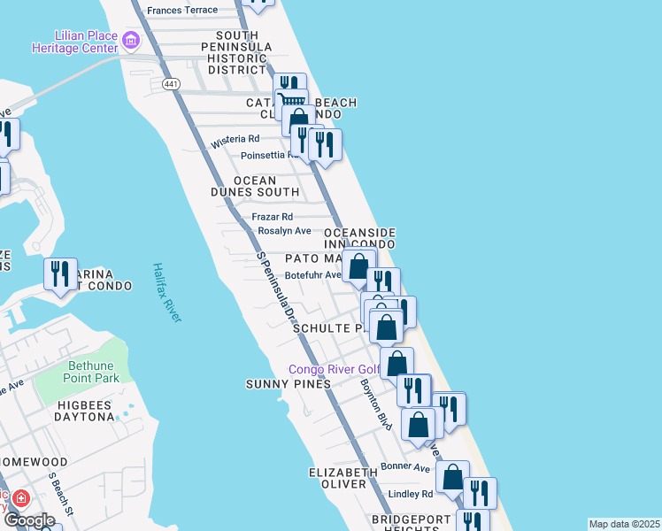 map of restaurants, bars, coffee shops, grocery stores, and more near 125 Botefuhr Avenue in Daytona Beach