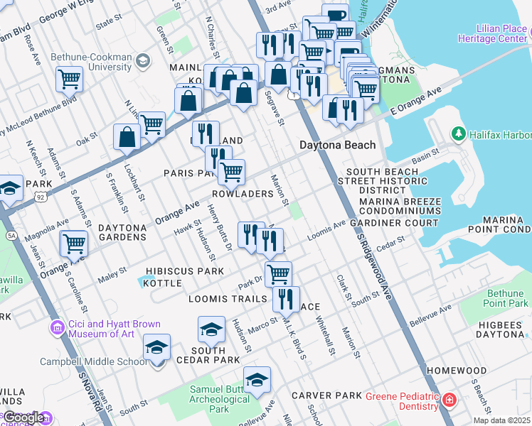 map of restaurants, bars, coffee shops, grocery stores, and more near 350 Maple Street in Daytona Beach