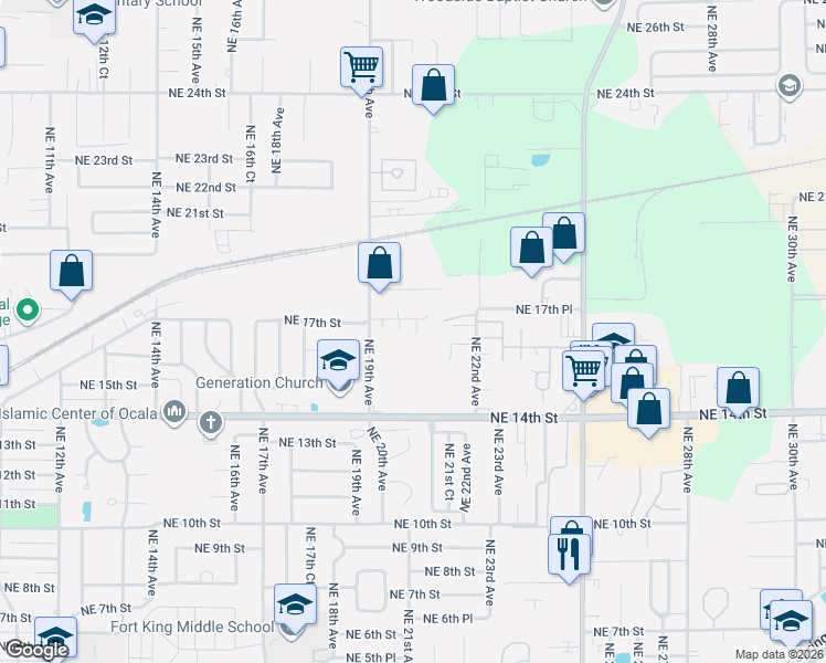 map of restaurants, bars, coffee shops, grocery stores, and more near 1940 Northeast 17th Place in Ocala