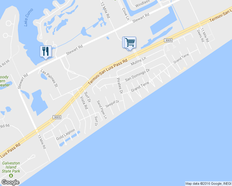 map of restaurants, bars, coffee shops, grocery stores, and more near 4124 Spoonbill Lane in Galveston