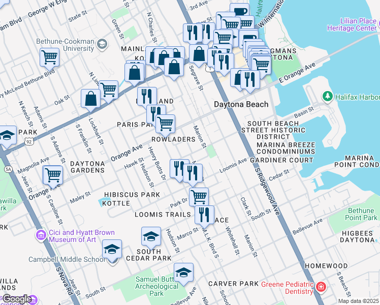 map of restaurants, bars, coffee shops, grocery stores, and more near 350 Maple Street in Daytona Beach
