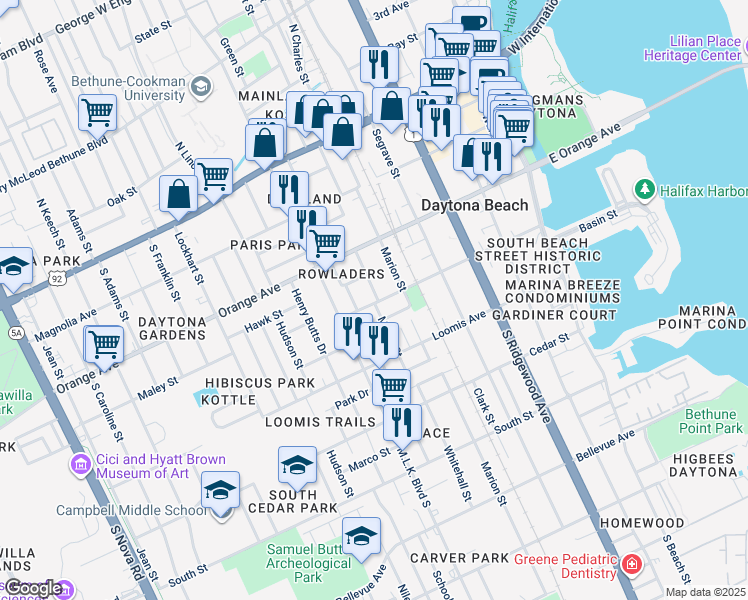 map of restaurants, bars, coffee shops, grocery stores, and more near 350 Maple Street in Daytona Beach