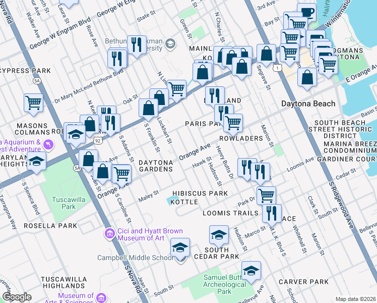map of restaurants, bars, coffee shops, grocery stores, and more near 732 Orange Avenue in Daytona Beach