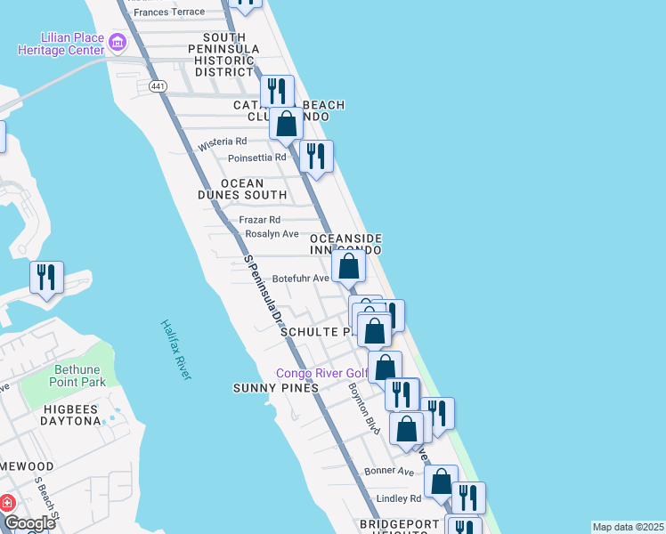 map of restaurants, bars, coffee shops, grocery stores, and more near 1921 Marilyn Avenue in Daytona Beach Shores