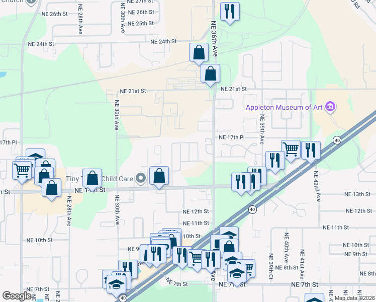 map of restaurants, bars, coffee shops, grocery stores, and more near 3323 Northeast 14th Street in Ocala