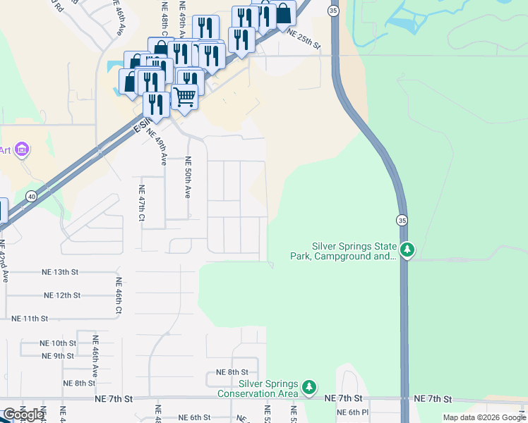 map of restaurants, bars, coffee shops, grocery stores, and more near 1561 Northeast 52nd Avenue in Ocala