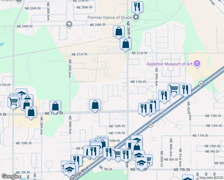 map of restaurants, bars, coffee shops, grocery stores, and more near 3323 Northeast 14th Street in Ocala