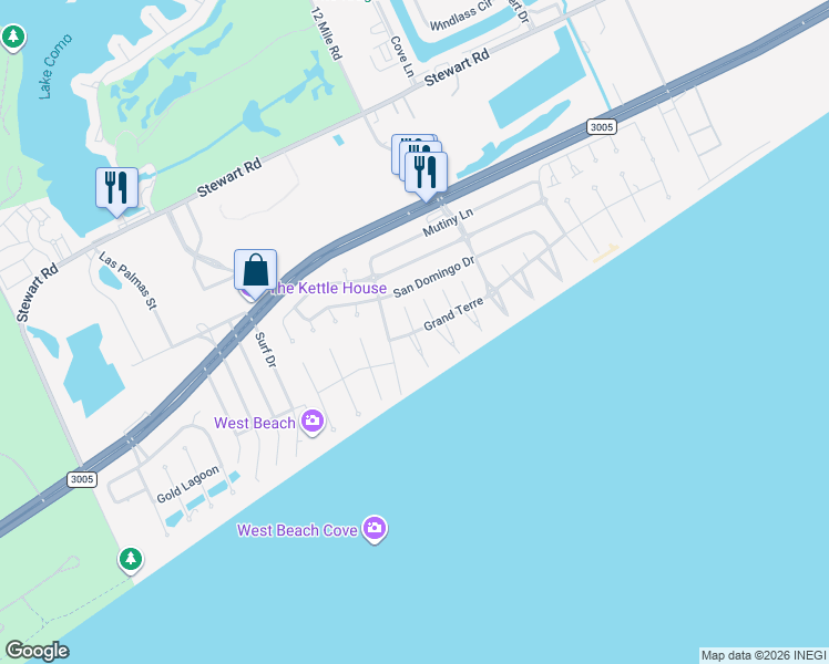 map of restaurants, bars, coffee shops, grocery stores, and more near 4203 Maison Rouge Court in Galveston