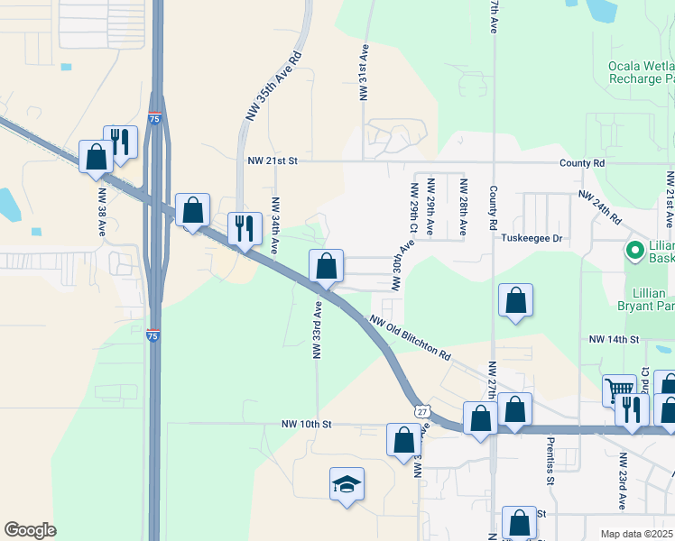 map of restaurants, bars, coffee shops, grocery stores, and more near 1624 Northwest 32nd Avenue in Ocala