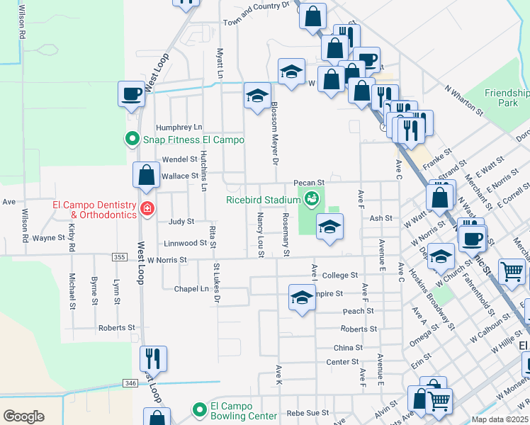 map of restaurants, bars, coffee shops, grocery stores, and more near 805 Donald Street in El Campo