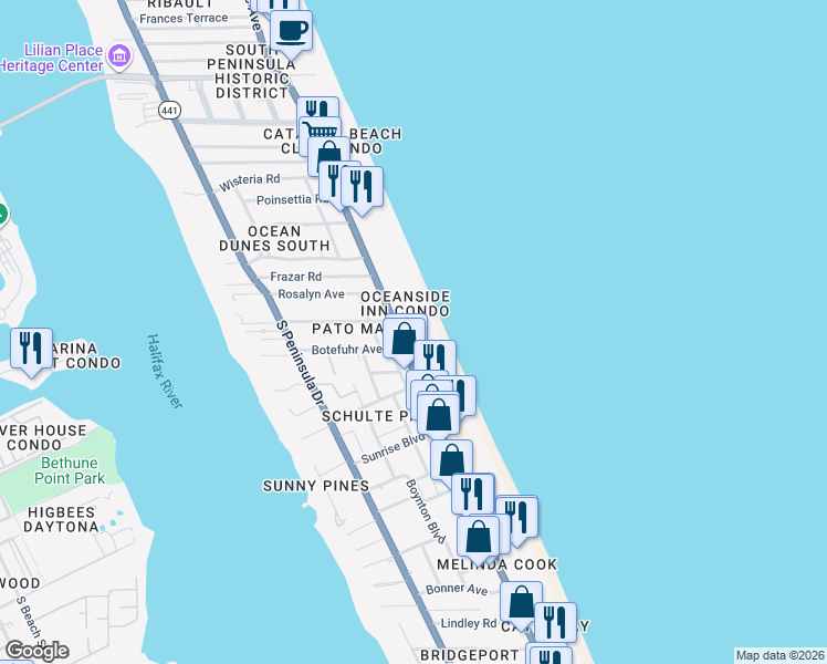 map of restaurants, bars, coffee shops, grocery stores, and more near 1925 South Atlantic Avenue in Daytona Beach