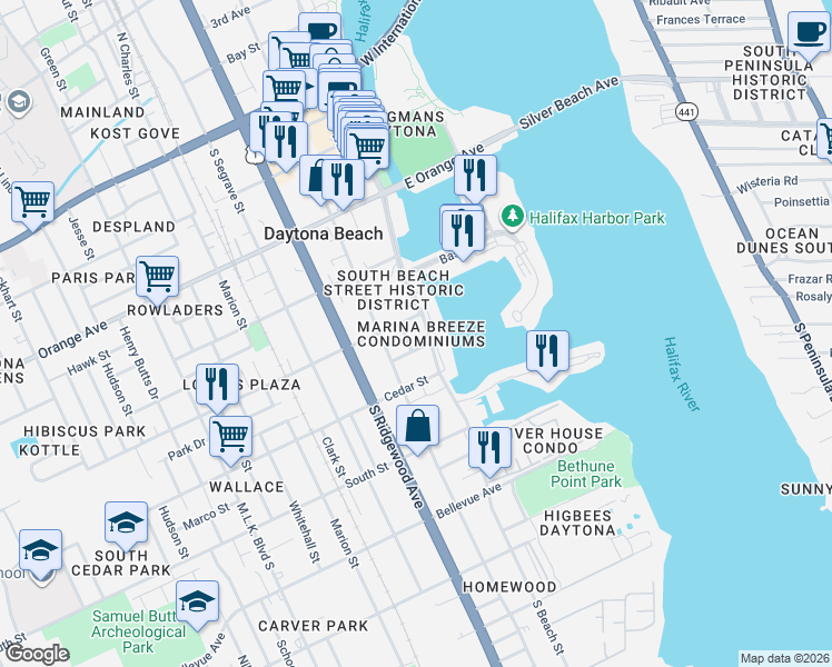 map of restaurants, bars, coffee shops, grocery stores, and more near 112 Gardiner Court in Daytona Beach