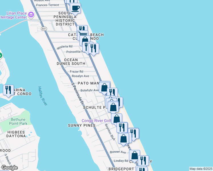 map of restaurants, bars, coffee shops, grocery stores, and more near 1925 South Atlantic Avenue in Daytona Beach