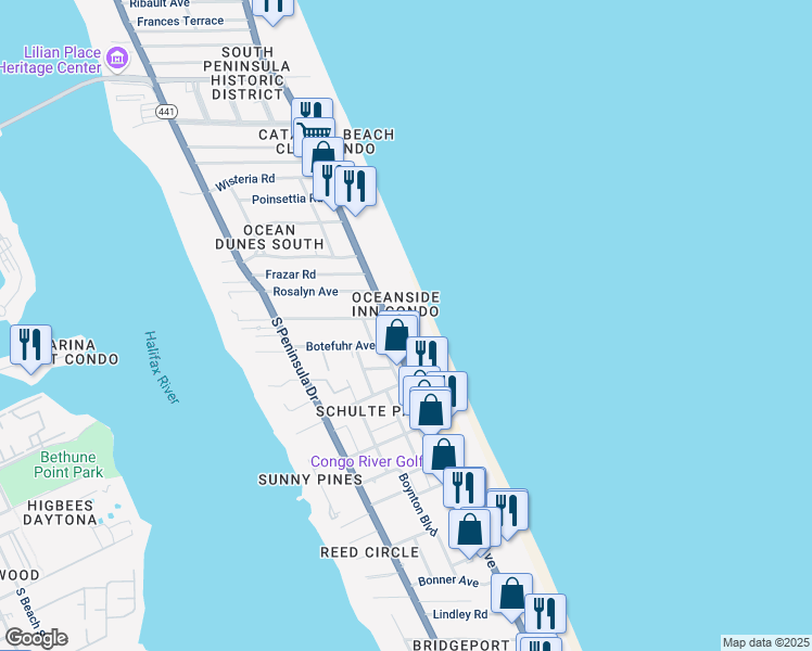 map of restaurants, bars, coffee shops, grocery stores, and more near 1925 South Atlantic Avenue in Daytona Beach