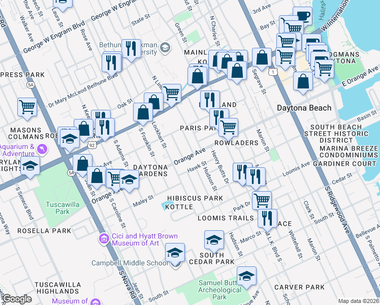 map of restaurants, bars, coffee shops, grocery stores, and more near 732 Orange Avenue in Daytona Beach