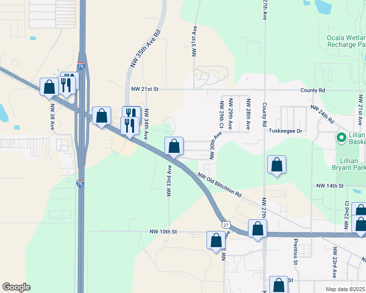 map of restaurants, bars, coffee shops, grocery stores, and more near 1624 Northwest 32nd Avenue in Ocala