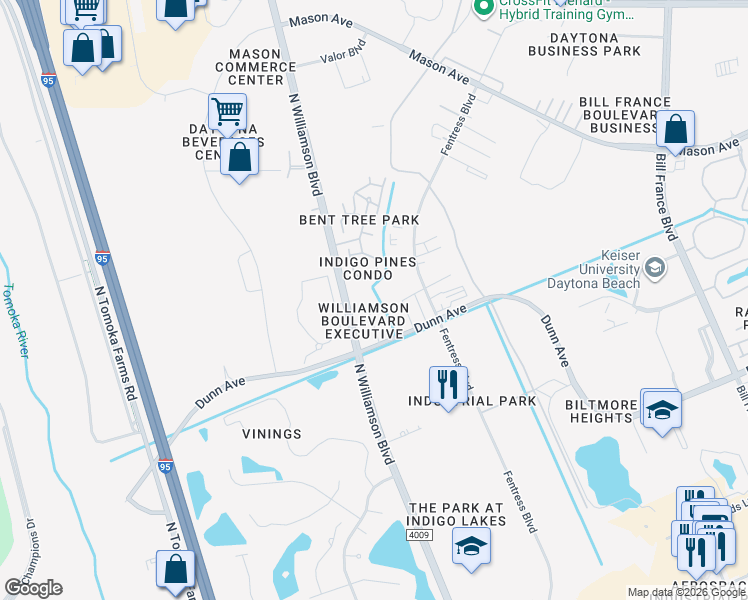 map of restaurants, bars, coffee shops, grocery stores, and more near 108 Lacosta Lane in Daytona Beach