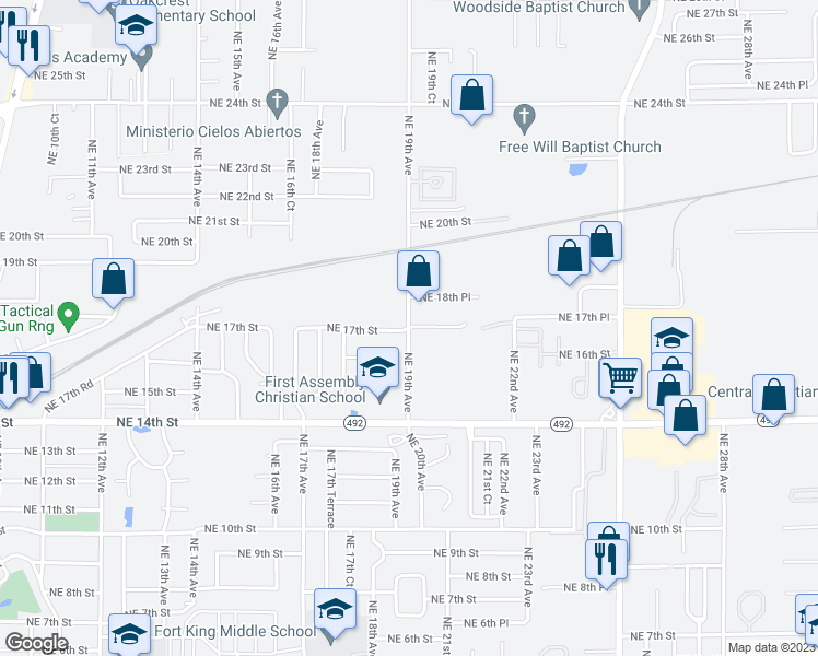 map of restaurants, bars, coffee shops, grocery stores, and more near 1698 Northeast 19th Avenue in Ocala